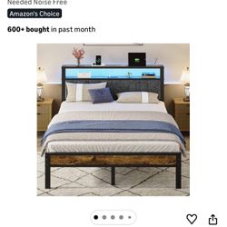 Queen Size Bed Frame with 2-Tier Storage Shelves Headboard, Platform Bed with Charging Station, LED Lights No Box Spring Needed Noise Free