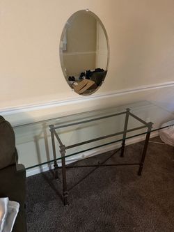 Glass Top Metal Console Table with Oval Mirror