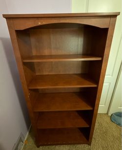 5 shelf bookcase.  Cosmetic  marks in photos but still structurally sound. 59 inches high by 29 inches wide by 12 inches deep.  Cash only.    No elect