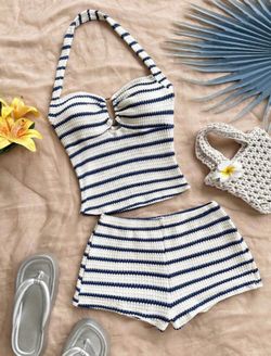 Blue and White Striped Halter Top and Shorts Set 💙- Size (6) MEDIUM
