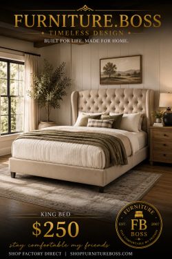 Beige Linen Upholstered Bed - wingback tufted headboard
