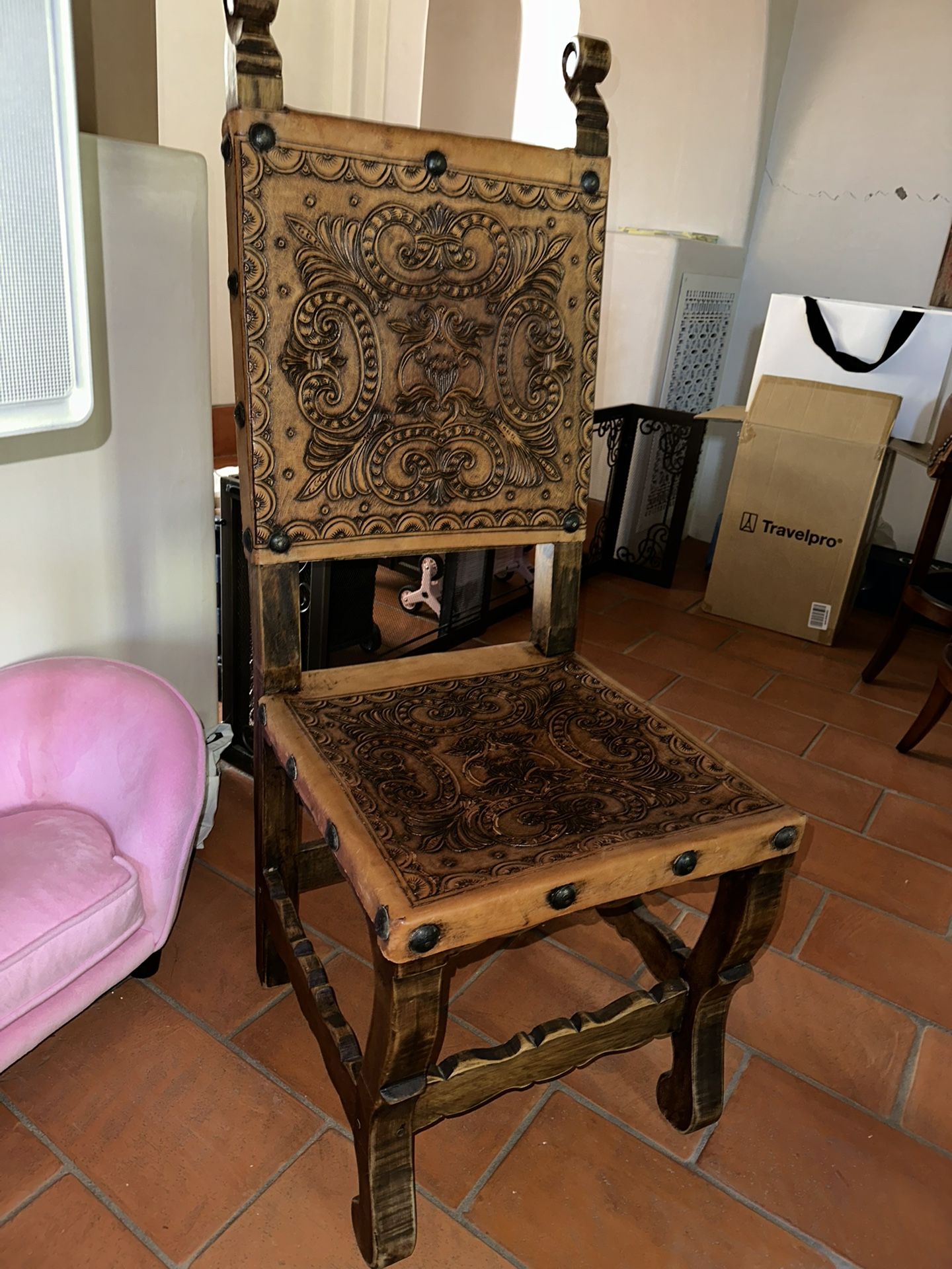Antique Embossed Leather And Solid Wood Chairs PRICED INDIVIDUALLY