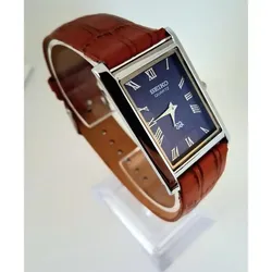 Seiko Blue Dial Brown Leather Strap 33mm Slim Tank Watch