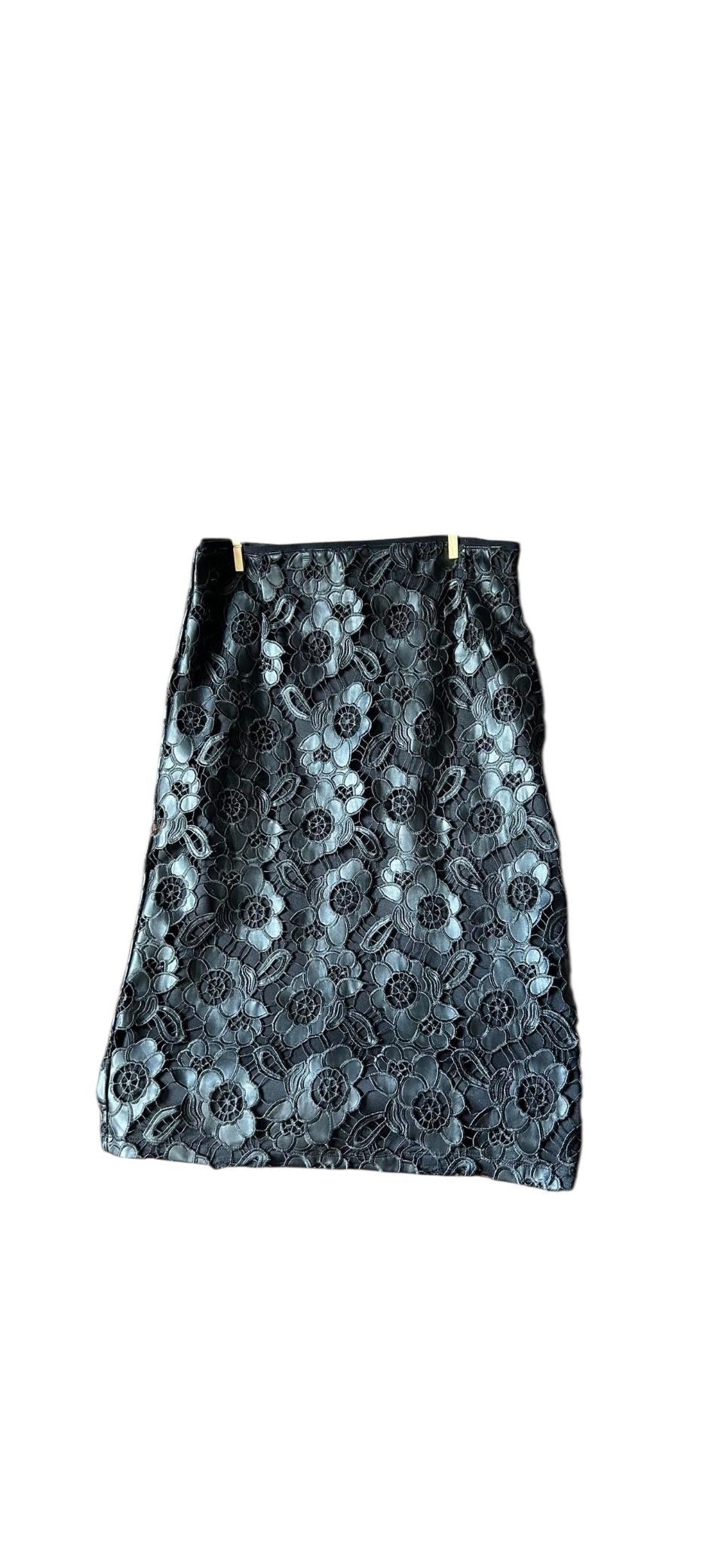 Bisou Bisou Michele Bohbot Black Floral Faux Leather Lace Skirt Women’s Size Large Pencil Straight