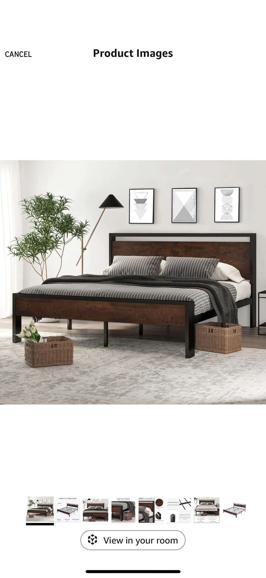 SHA CERLIN King Bed Frame – Metal + Wood Mahogany Finish