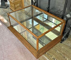 Antique Oak Country Store Count Top Showcase, Mirrored Back and Bottom