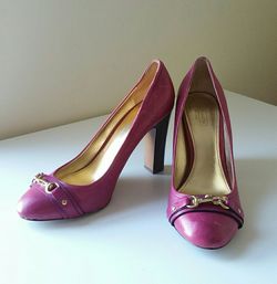 Coach 9.5 Purple Leather Gold Buckle Block Heels