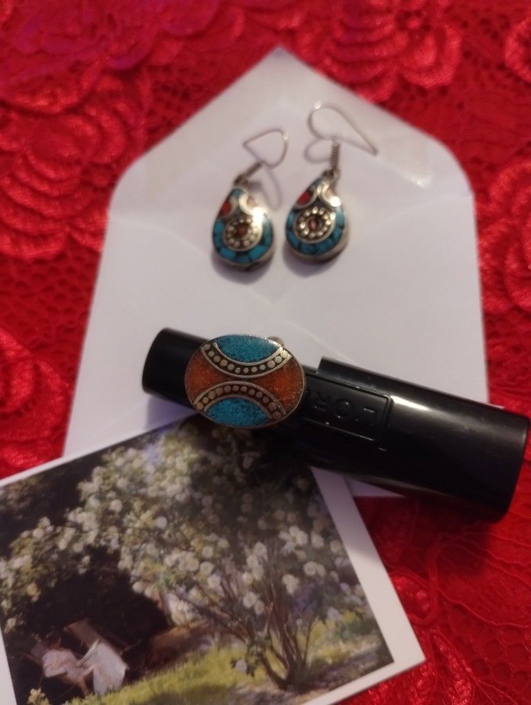 Turquoise & Coral Earrings + Ring