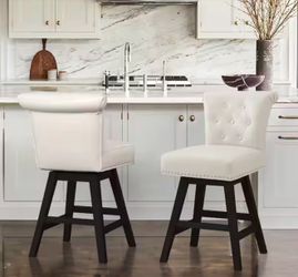 26 in. White Faux Leather Swivel Barstool Solid Wood Counter Stool with Nail Head Trim and Tufted Backrest (Set of 2)