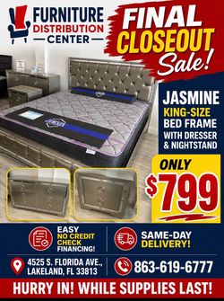Limited stock. Jasmine king size bed frame with dresser and nightstand only $799. Easy finance option. Same-day delivery.