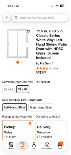 Ply Gem White Vinyl Sliding Patio Door 72x80