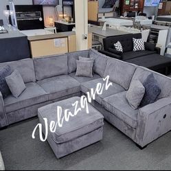 ✅️✅️4 pc dark grey corduroy fabric upholstered sectional sofa with USB plugs and ottoman✅️