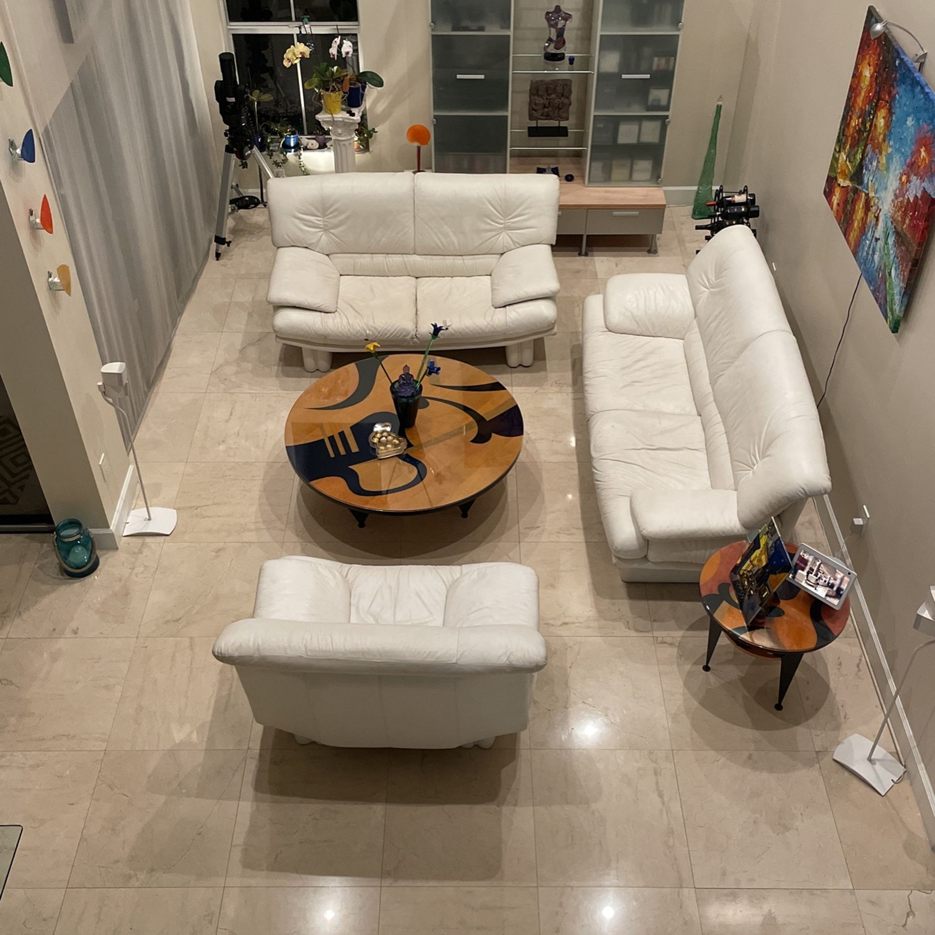 Italian White leather Living Room Set. Single Chair , Love Seat, Sofa