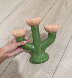 Ceramic Flower Candle Holder – 3 Arm, Pink & Green
