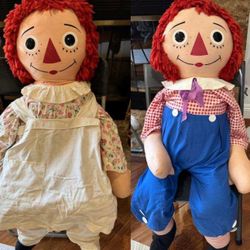 Vintage Raggedy Ann and Andy dolls, 44" tall + 14" 