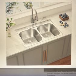 NEW 33 INCH DOUBLE BOWL STAINLESS STEEL KITCHEN SINK. Top Mounted 18 Gauge 394 Double Bowl Drop In Sink w/Strainer. 