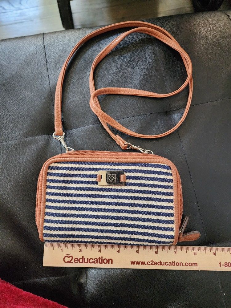 Anne Klein Brown & Blue Striped Crossbody Wallet