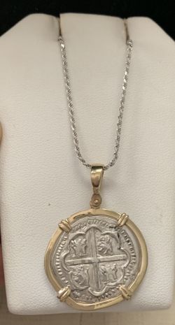 Atocha silver coin pendant in gold bezel &rope chain