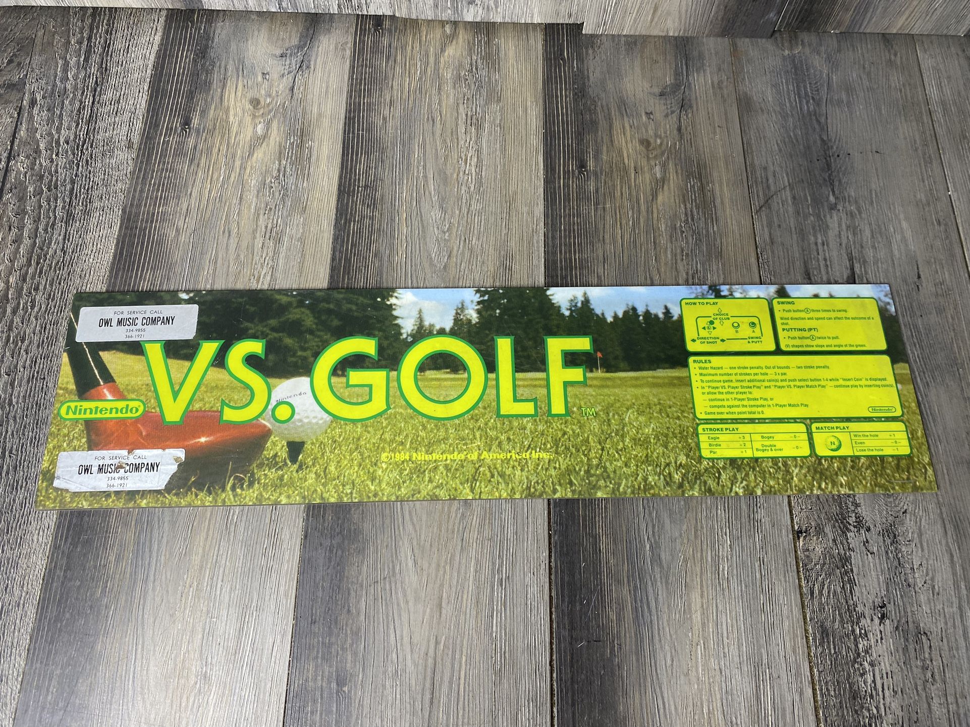 VS Golf Nintendo Arcade Video Game Marquee Vintage Plexiglass 24” x 6” Original