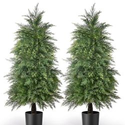 2 Pack 4ft Artificial Cedar Topiary Trees for Outdoor Front Porch Décor, UV Rated Fake Potted Plants for Indoor and Outdoor Use