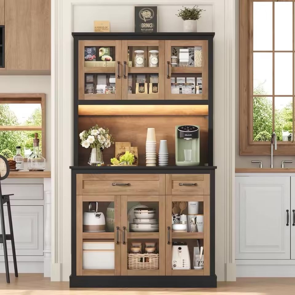 71" Pantry Cabinet with LED Light and Charging Station, Storage Cabinet with Microwave Stand, Kitchen Pantry Hutch Cupboard with Doors and Shelves, Bl