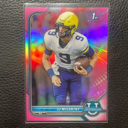 2022 J.J. McCarthy Bowman U 1st Bowman Chrome Pink Refractor” Rookie Card. Minnesota Vikings. 