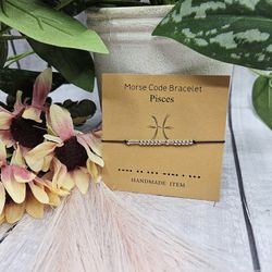 Pisces Morse Code Horoscope Zodiac Letter Card Friendship adjustable Bracelet anklet February 19 to March 20 silver black approximately adjusts from 6