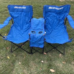 BUD LIGHT Two Person /Double Foldable Camping /Lawn Chairs with Cooler Bag & Cup Holders.
