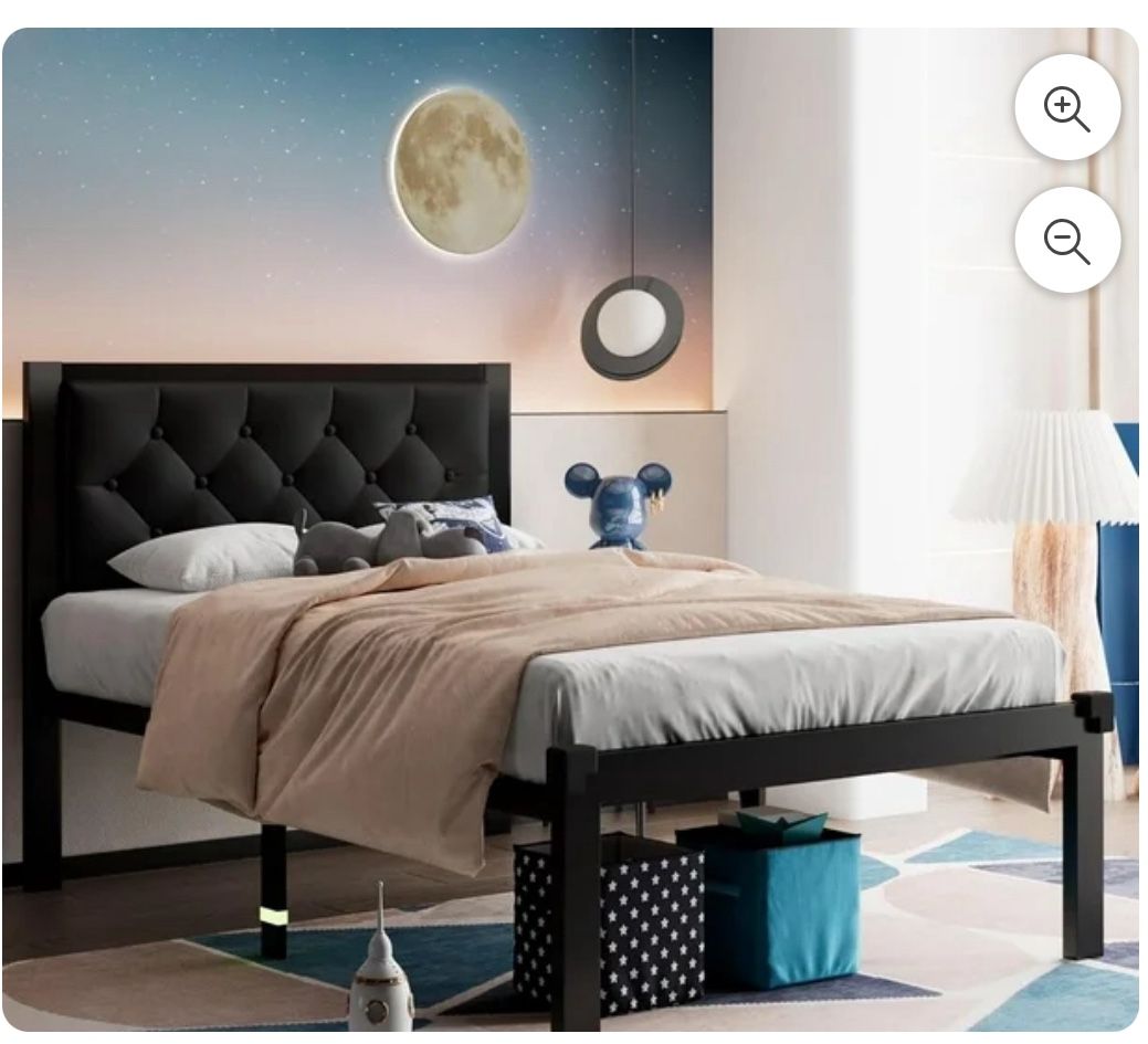 Feonase Twin Size Metal Platform Bed Frame with Faux Leather Upholstered Button Tufted Headboard, Black - New In Box