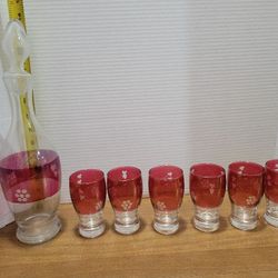 Vtg 8 Piece Set Etched Floral Cranberry/Red Glass Decanter & stopper 6 glasses 