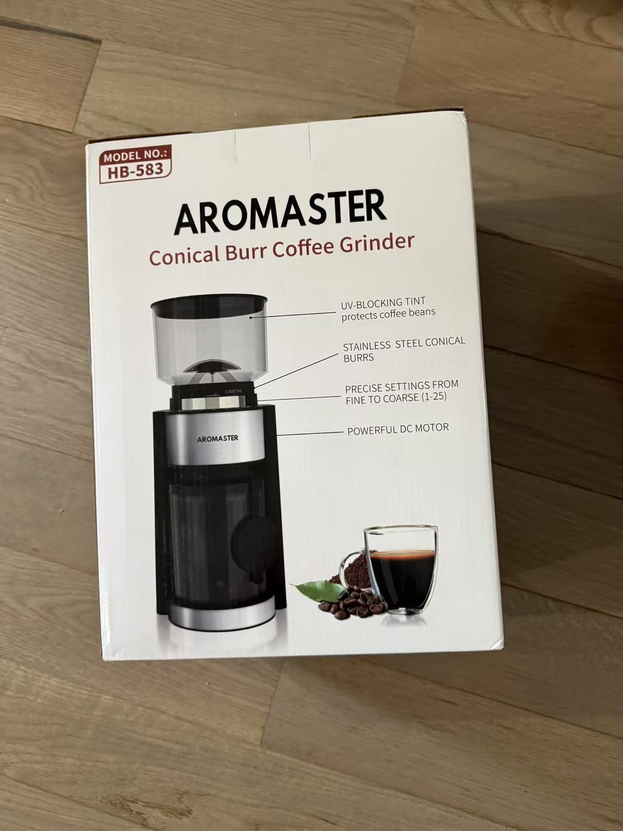 Aromaster Burr Coffee Grinder with 25 Grind Setting, Adjustable 2-12 Cups Timer, Professional Conical Coffee Bean Grinders for Home Use, 3-Ears Portaf