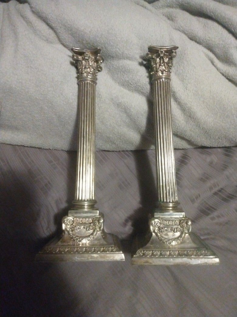 Pair Of Vintage Electroplated Silver Rams Head Corinthian Column Candle Holder