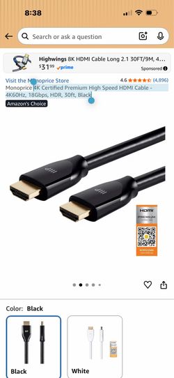 4K Certified Premium High Speed HDMI Cable - 4K60Hz, 18Gbps, HDR, 30ft, Black