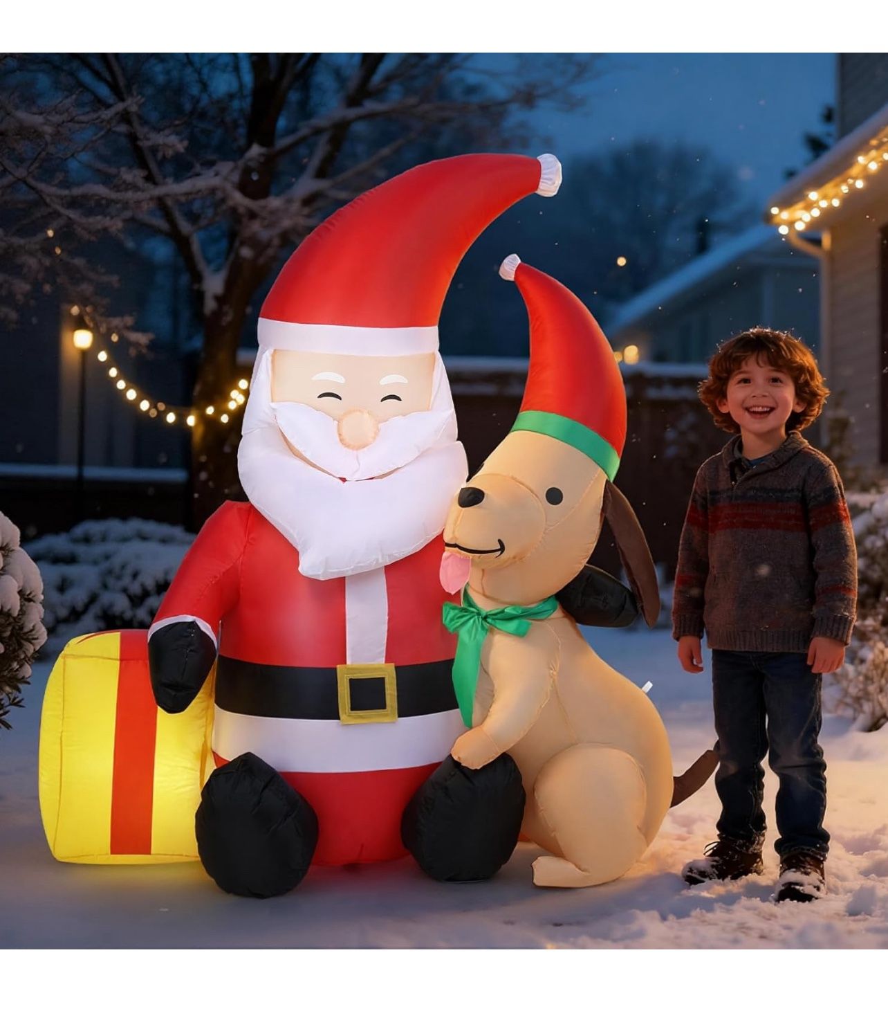 Brandnew 5FT Christmas Inflatable Santa Claus with Gift Box and Puppy, Christmas Blow Up Yard Outdoor Decor with Build in LEDs, Xmas Inflatables for H