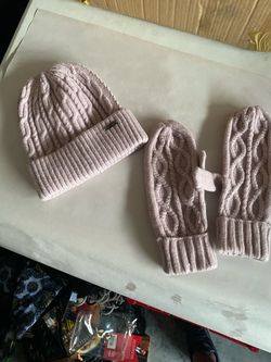 Pink Cable Knit Beanie and Mittens Set