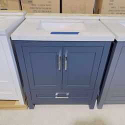 30 in. W x 22 in. D Single Sink Bath Vanity in Navy Blue with White Top $499 