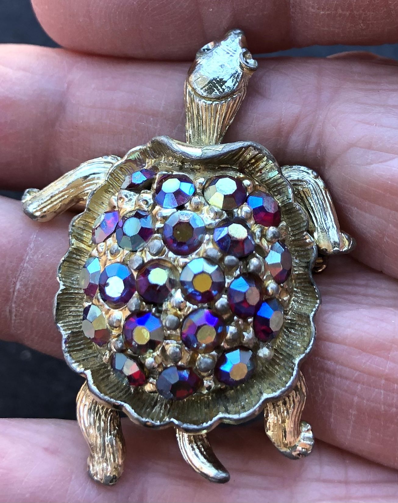 1 1/2 inch Vintage turtle pin brooch red rhinestones gold tone