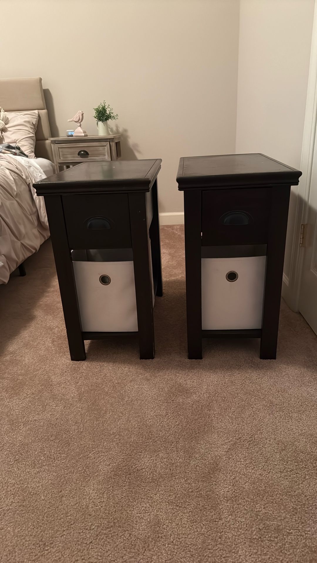 Two Narrow Deep End Tables. Espresso Color. Good Project In Tables Has Scratches On Top But Solid Wood.