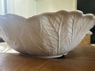 Vintage Large White Cabbage Leaf  Bowl 13" Diameter, 3" Tall Stoneware