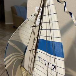 Blue and White Wooden Model Sailboat Cruiser w/Canvas Sails on a Display Stand