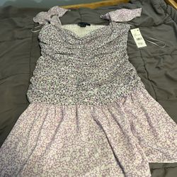 French Connection Sheer Lilac Floral Ruched Mini Sundress - Women’s Size Large - NWT - 