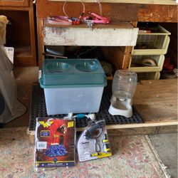 Dog Food /Feeder Container, Slightly Used Collars, New Outfit And Walker.