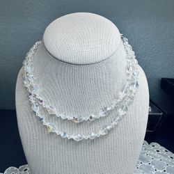 Vtg 1950s Clear Iridescent Faceted Glass Bead 2-Strand Choker Necklace