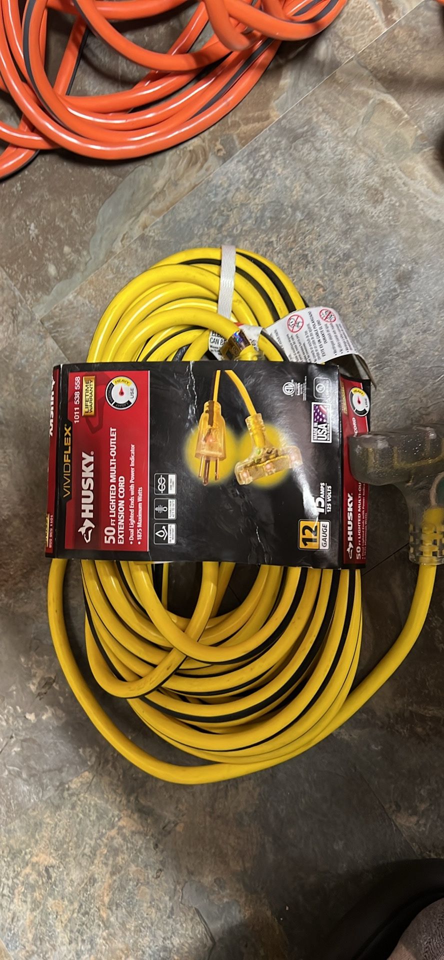 Vividflex 50 ft. 12/3 Heavy Duty Indoor/Outdoor Triple Tap Extension Cord with Lighted Ends, Yellow