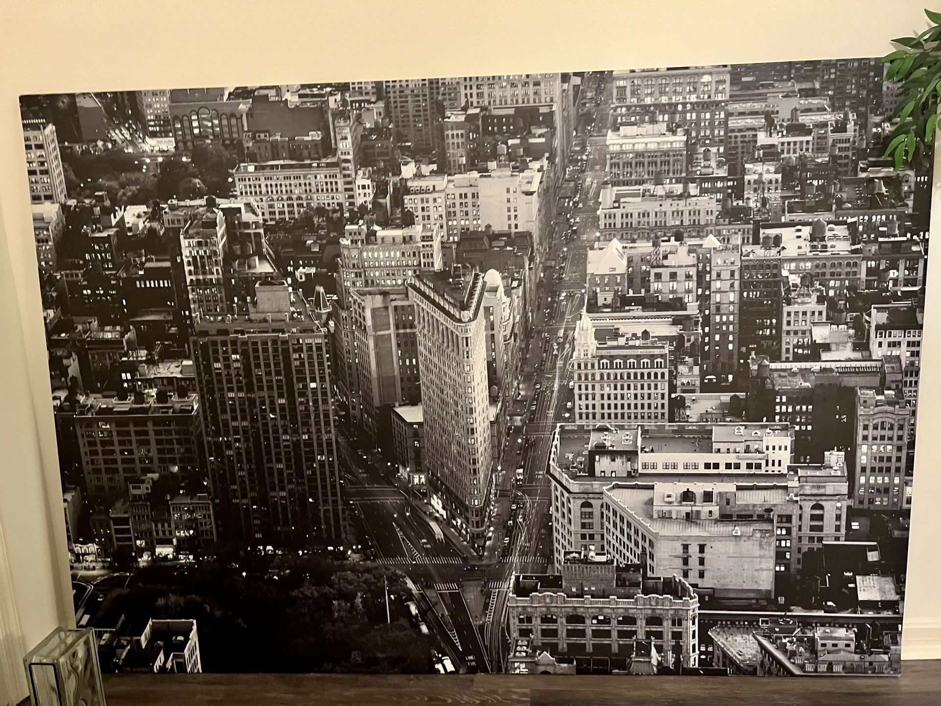 gigantic  black & white picture of New York, flat iron building