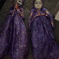 Pair of Vintage Rajasthani India Hindu Hand Made Wood & Cloth Dolls