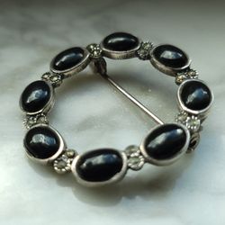 1960s Onyx and Marcasite Sterling Silver Brooch 