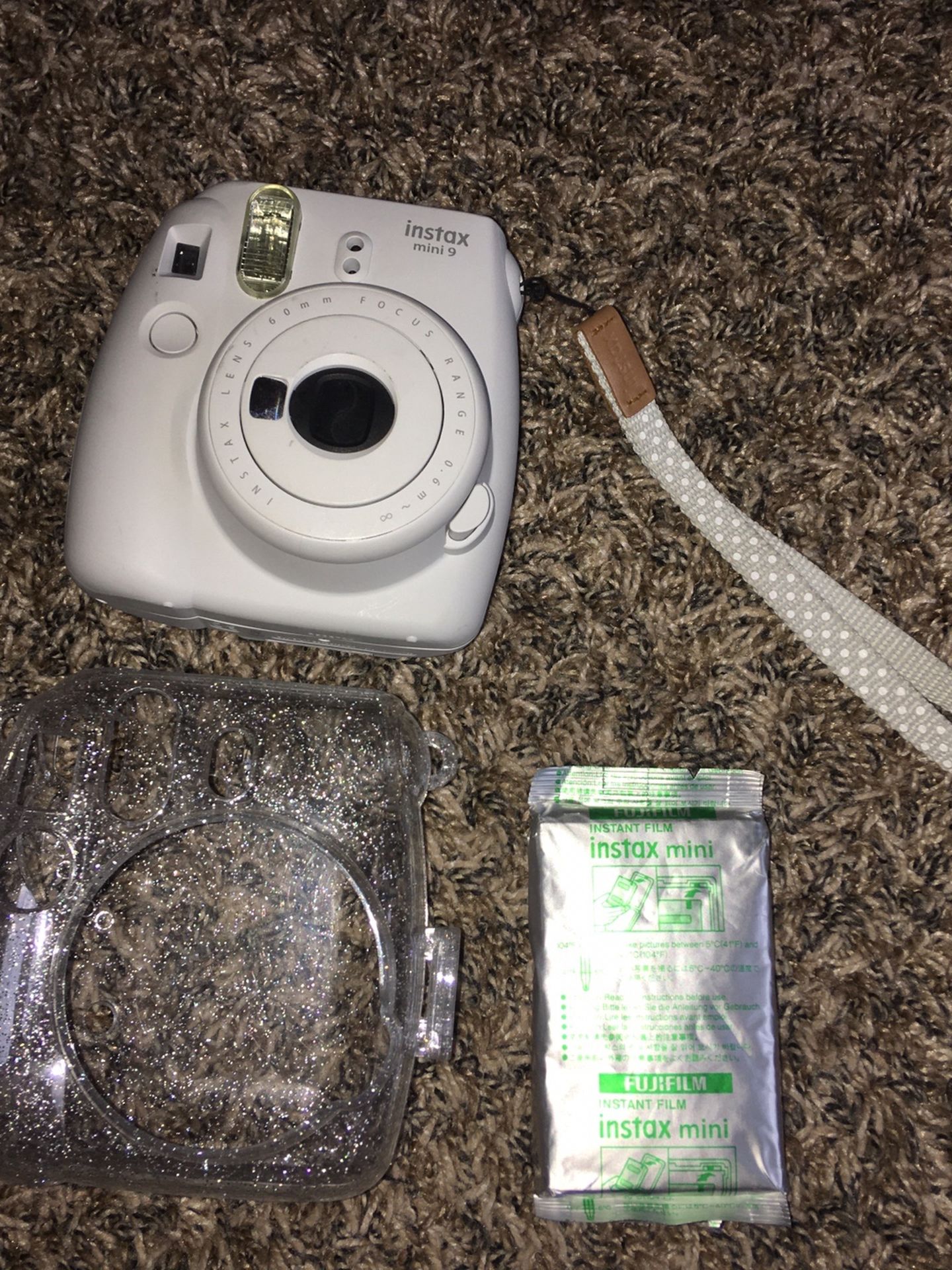 Instax mini 9 Polaroid camera + clear sparkly case & film