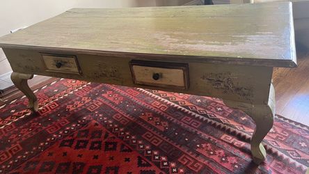 Moss Green Distressed Wood Coffee Table w/ 2 Drawers