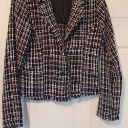 Rave Black Pink White Plaid Boucle Acrylic Blazer Jacket Fringe Y2k Large